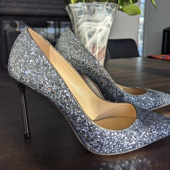 Jimmy Choo Romy 100 Navy Silver Ombre Glitter Stiletto Heels Pump EU 39.5 US 9.5 - Picture 12 of 13